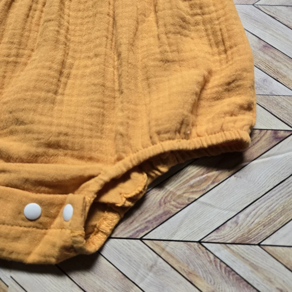 Mustard Yellow Baby Romper White Floral Crochet Detail Boho Summer Outfit 12-18M